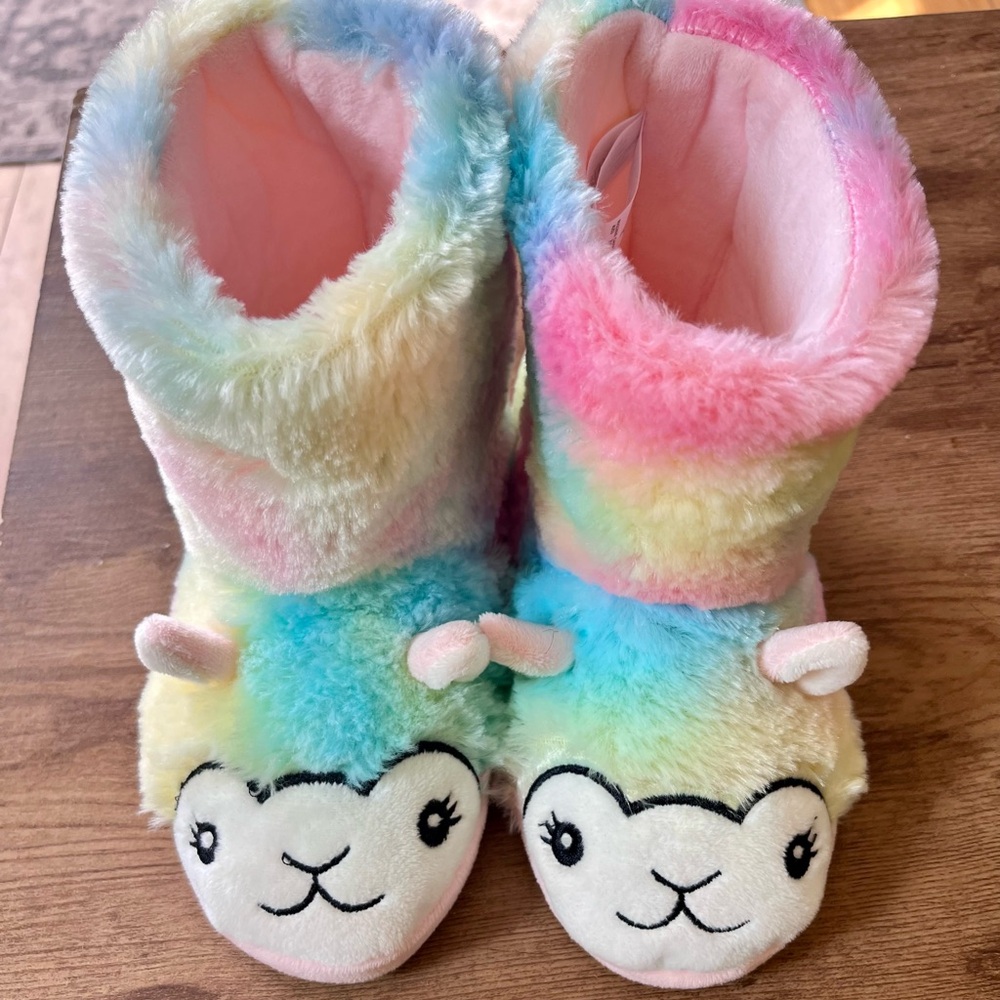 TOTES Girls Rainbow Llama Slippers Booties Size 13-1 Colorful One Piece Booties